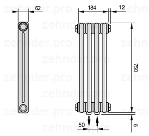 Схема (чертеж) Радиатор Zehnder Charleston 2075/4 №5410 Белый глянцевый RAL 9016